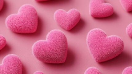 Obraz premium A close-up view of pink heart-shaped candies on a matching pink background