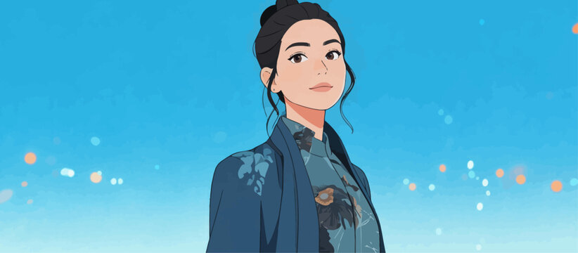 Stylized female character portrait against bright blue sky