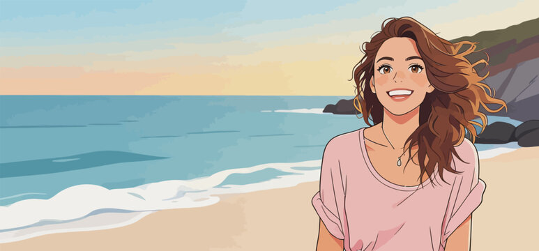 Happy young woman enjoying seaside vacation on the beach