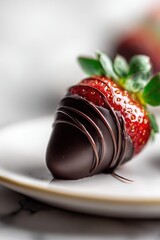 Fototapeta premium Close-up of a chocolate coated strawberry showcasing gloss, texture, and dessert elegance