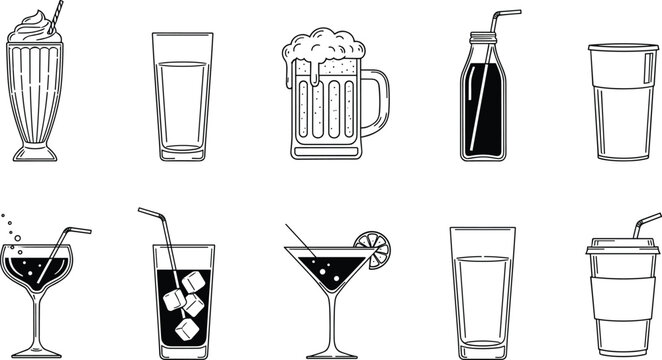Vector Set of Beverage Icons Including Milkshake, Beer, Cocktail, Water, and Soft Drinks for Drink, Bar, and Beverage Designs