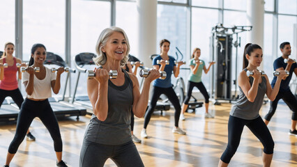 Fototapeta na wymiar Group of women and a man exercising with dumbbells at a bright gym. Diverse people doing fitness workout. Healthy lifestyle and strength training concept.