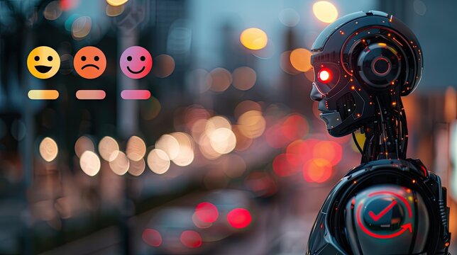 A robot is looking at three smiley face symbols floating in front of it, each representing different emotions like happiness and sadness with check marks on one symbol.