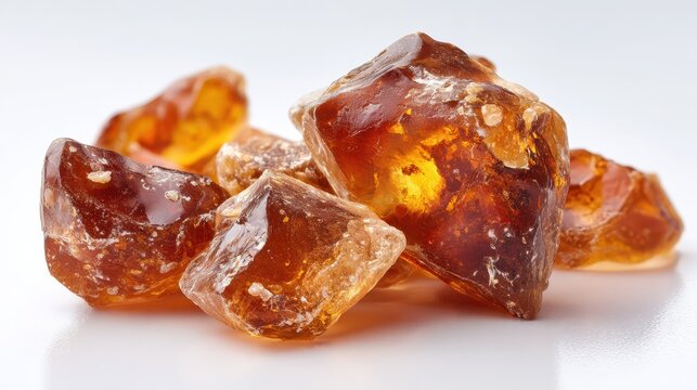 Close-up of benzoin resin fragments with warm tones against a clean white backdrop