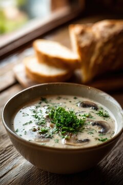 Close-up of Creamy Mushroom Soup in a Cozy Kitchen Setting