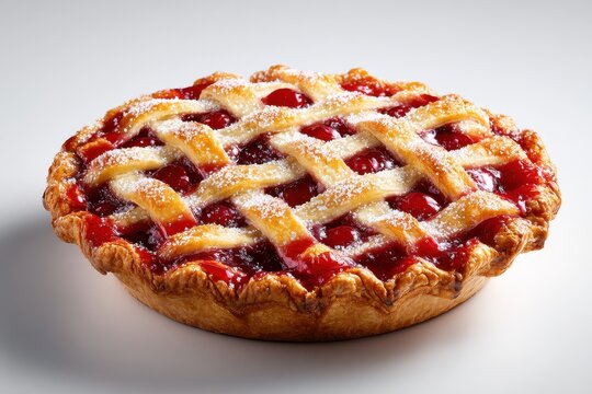 Close-up of cherry pie with vibrant filling and lattice crust on white surface