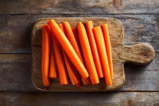 Close-up of crisp carrot sticks on natural wood with warm lighting