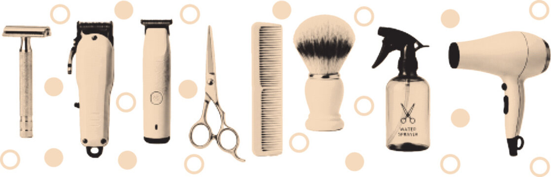 halftone pop art barber tools set with trimmer razor scissors comb and hair dryer collection