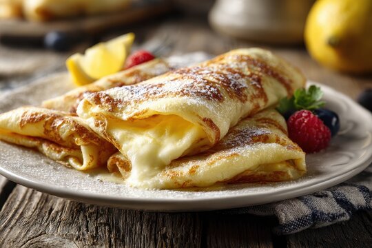 Close-up of fresh cheese crepes: warm, comforting homemade breakfast