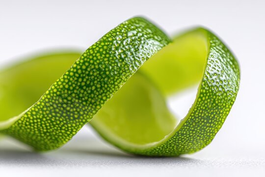 Close-up of fresh lime peel twist on a white background, vibrant green citrus zest