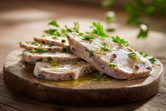 Close-up of glossy head cheese slices for a charcuterie presentation