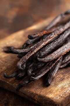 Close-up of fresh vanilla beans on a warm wooden board