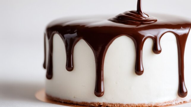 Close-up of glossy chocolate ganache dripping from the top of a smooth white-frosted cake against a pure white background