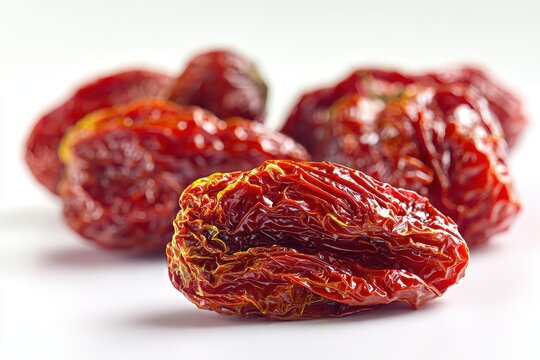 Close-up of glossy sun dried tomatoes on a white background, vibrant red color, minimalist food photography
