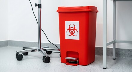 Fototapeta premium Red Biohazard Medical Waste Bin with Foot Pedal in Hospital Setting