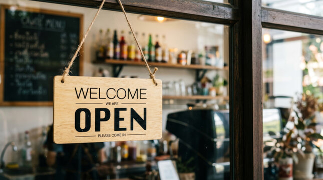 Wooden welcome we are open sign hanging on glass door, rustic cafe storefront entrance, small business reopening concept with blurred interior