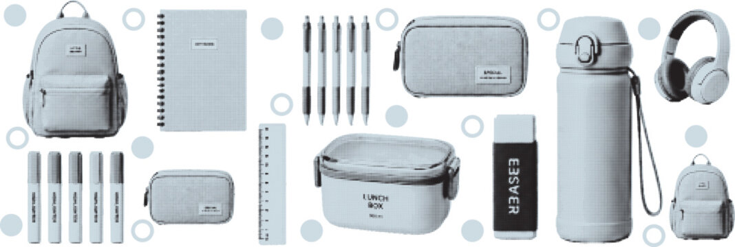 halftone pop art school supplies set with backpack notebook pens ruler and stationery collection