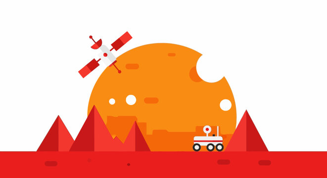 Mars exploration: rover, satellite, and planet landscape