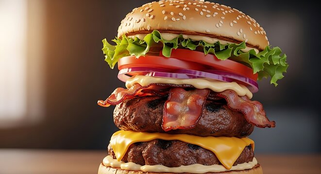 Delicious double cheeseburger with bacon.