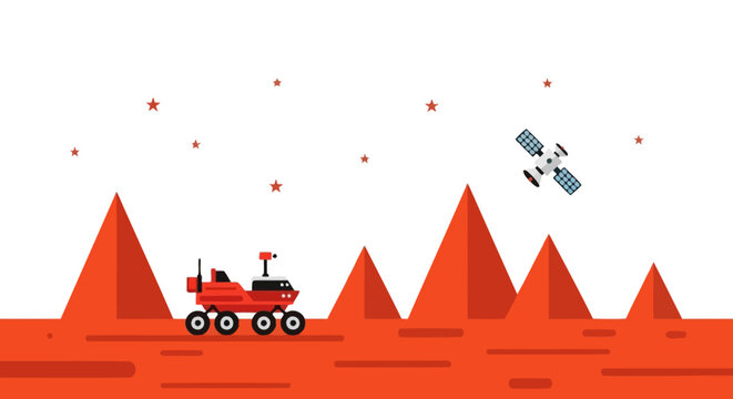 Mars Rover Exploring Red Planet with Satellite Overhead