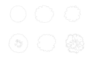 Obraz premium Minimalist tree top view vector set, architectural landscape symbols for site plans, 6 outline plant icons for garden design and master planning