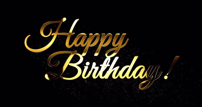 Happy birthday gold inscription with glare and glittering falling particles, specular highlight reflection and golden dust is drifting down from greetings text, footage