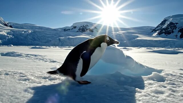 Playful Penguin Waddles Across Icy Antarctic Terrain Under Bright Sun