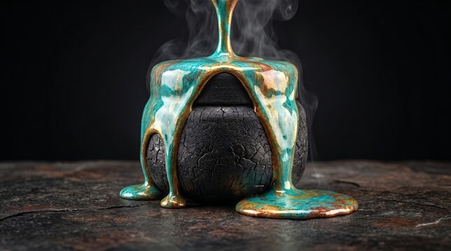 A dark, ancient cauldron spews a vibrant turquoise liquid with golden accents amidst rising steam.