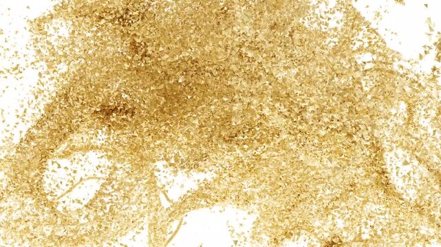 The animation shows golden particles swirling and moving in three dimensional space. The visuals change and evolve as the particle effects create a dynamic display of motion and light