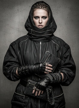 Glamour female model posing in weird avant-garde leather fashion inspired by bodybag