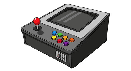 Retro arcade machine illustration with joystick and colorful buttons on white background © gabriel
