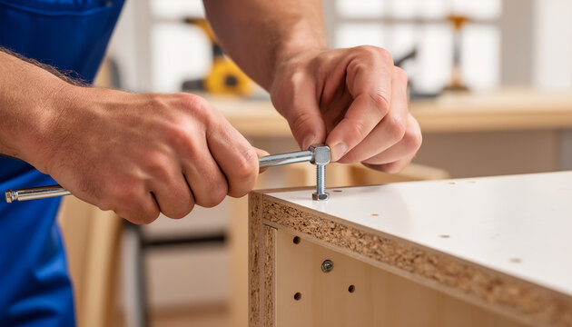 Close up of professional carpenter hands using a hex key to assemble white furniture in a workshop during home renovation and DIY interior improvement project