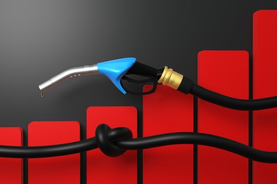 Pistolet de pompe &agrave; carburant avec tuyau nou&eacute; au-dessus d'un graphique &agrave; barres ascendantes repr&eacute;sentant des co&ucirc;ts &eacute;nerg&eacute;tiques &eacute;lev&eacute;s - Rendu 3D