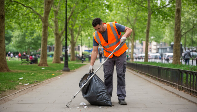 Professional male sanitation worker in orange high visibility vest using a reacher tool to pick up trash into a black bag in a sunny green public park environment maintenance concept