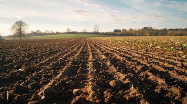 Photo of a plowed field with freshly tilled soil.