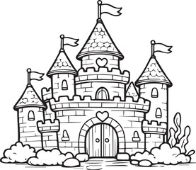 Fototapeta premium Printable hand drawn line art coloring page for preschool kids aged 3–5. Cute kawaii fairy castle in simple outline style. Magical fantasy illustration for children creativity and learning.