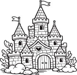 Fototapeta premium Printable hand drawn line art coloring page for preschool kids aged 3–5. Cute kawaii fairy castle in simple outline style. Magical fantasy illustration for children creativity and learning.