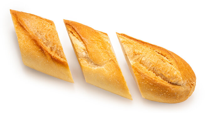 Sliced of French baguette bread isolated on white background with clipping path, crispy crust and soft interior, classic bakery product ideal for food concept and clean copy space.PNG File.