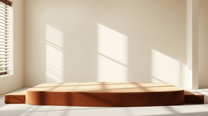 Fototapeta premium Minimalist stage setup. Warm tones dominate. Soft light creates shadows, highlighting curved platform. Empty space suggests product display.