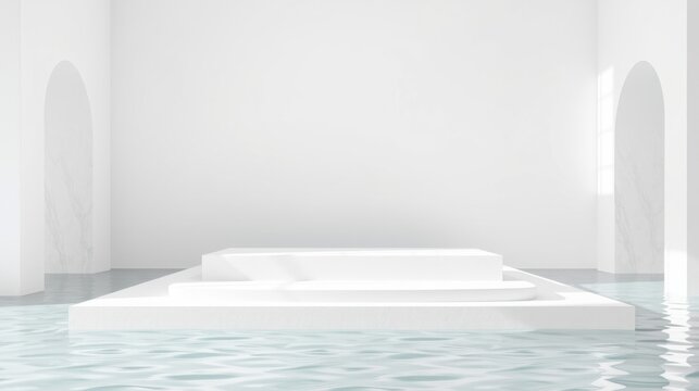 Minimalist interior. White platforms float upon water. Arches frame empty space. Clean lines, serene ambiance, modern design.