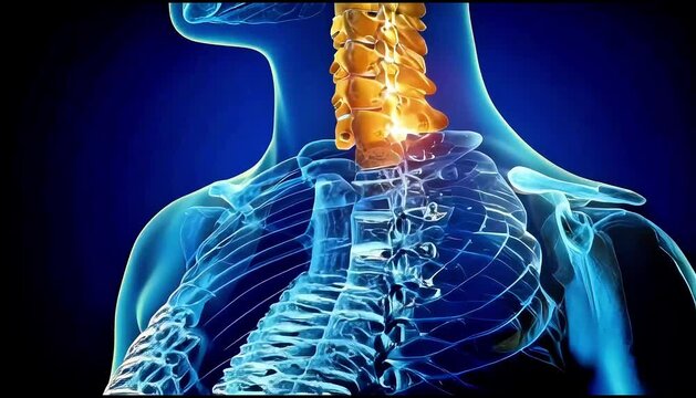 Cervical spine highlighted showing intervertebral discs and vertebrae