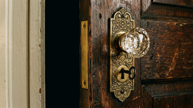 Vintage glass doorknob on antique wooden door, ornate brass backplate with skeleton key, rustic interior design and historic home architecture