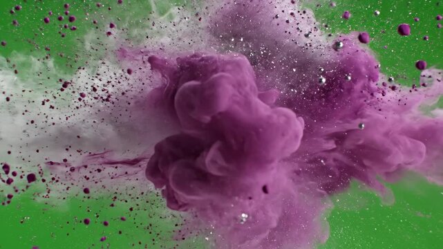 Dynamic white and purple ink explosion in slow motion underwater, creating vibrant abstract patterns on a green screen.
