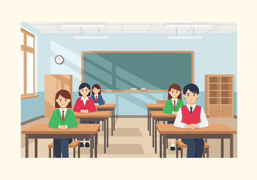 教室で座る学生たちが前方を向き、教師の指導を受けている様子を描いている。