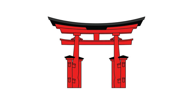 日本の伝統的な鳥居のイラストで、赤色の木製構造と黒い屋根を持つデザインです。