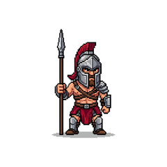 Obraz premium 甲冑を身にまとった古代ギリシャ風の戦士キャラクターのピクセルアート。剣と盾を持つ勇敢な姿。