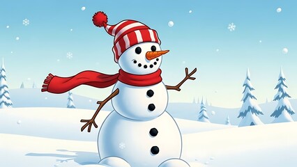 Fototapeta premium Cheerful snowman in winter attire amidst a snowy landscape illustration
