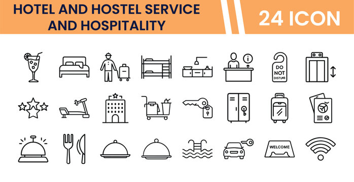 Hotel and Hostel Service Vector Icon Set, 24 Hospitality Line Icons, Accommodation and Travel Industry Graphics, Modern Outline Web and App Elements