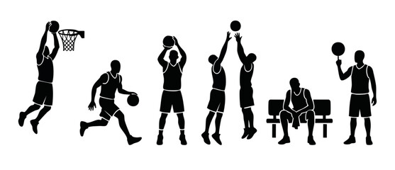 Basketball player silhouettes action set, dunking, shooting, and dribbling ball poses. Isolated black graphic icons collection showing team sports competition, training, professional athlete game move © Fernando