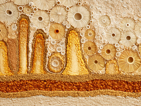 Human sensory neural anatomy illustration showing layered cortical architecture mitral cell row glomerular projections and densely packed cellular layer in warm amber gold tones on white background